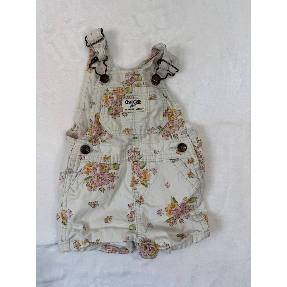 OshKosh B'gosh Floral Shortall Overalls 9M Ivory Cotton Vestbak Baby Girl